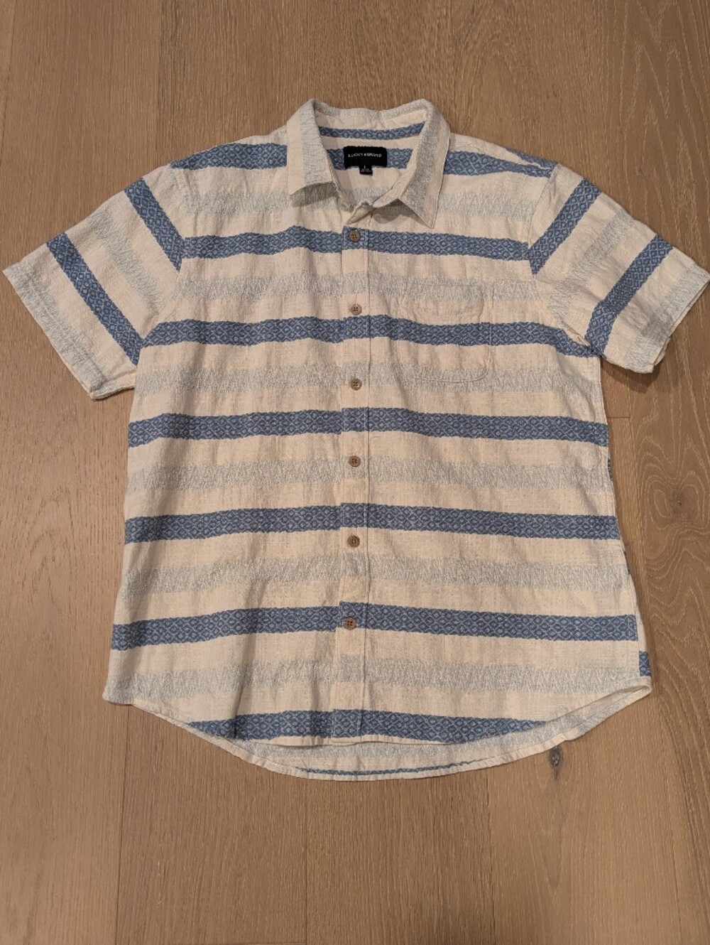 Men's Short-Sleeve Button-Up Shirt in Blue and Cream Stripe